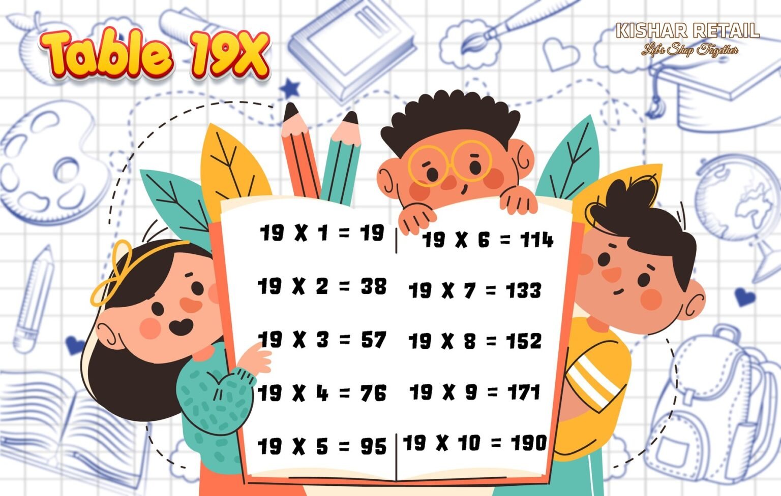 Table of 19 | Multiplication of 19 with 1 to 10 Numbers | Infipark.com